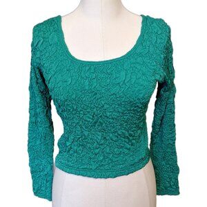 Vintage Y2K Green Teal Bubble Top Long Sleeve Crinkle Stretchy Scoop Neck Sz M